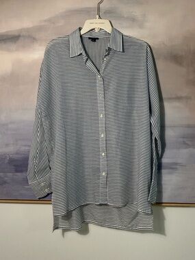 Ann Taylor Striped Oversize Button-Down Shirt - Grey & White Vertical